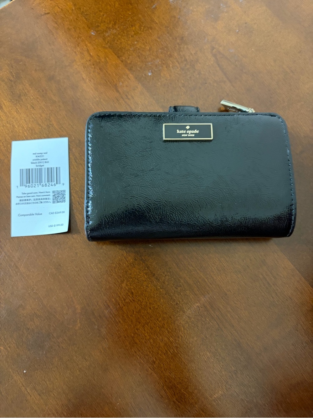 kate spade Black Bridget Crinkle Patent Medium Compact Bifold Wallet